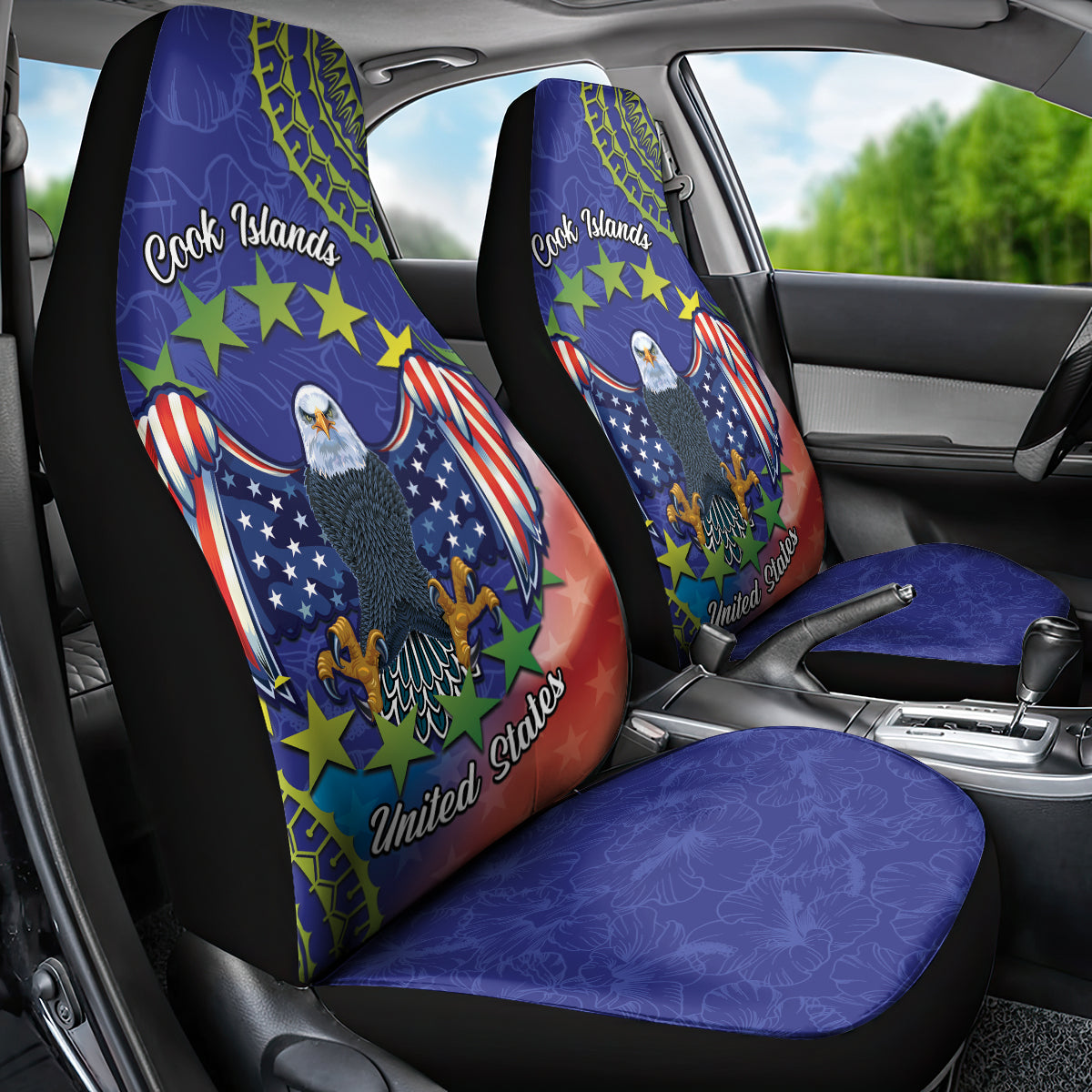 Personalised United States And Cook Islands Car Seat Cover USA Eagle Mix Polynesian Pattern LT14 - Polynesian Pride
