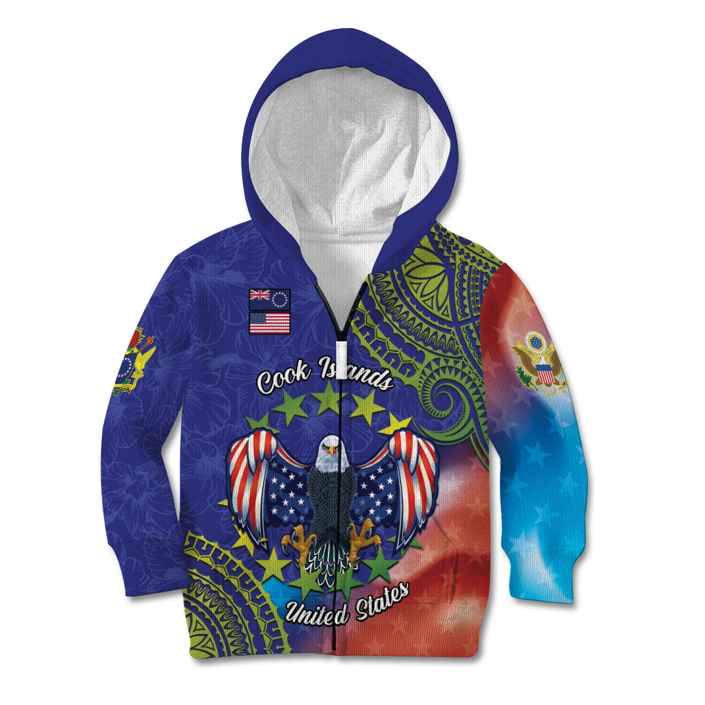 Personalised United States And Cook Islands Kid Hoodie USA Eagle Mix Polynesian Pattern LT14 Zip Hoodie Blue - Polynesian Pride