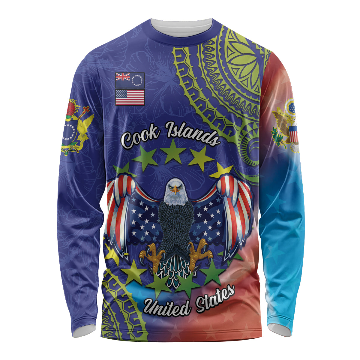 Personalised United States And Cook Islands Long Sleeve Shirt USA Eagle Mix Polynesian Pattern LT14 Unisex Blue - Polynesian Pride
