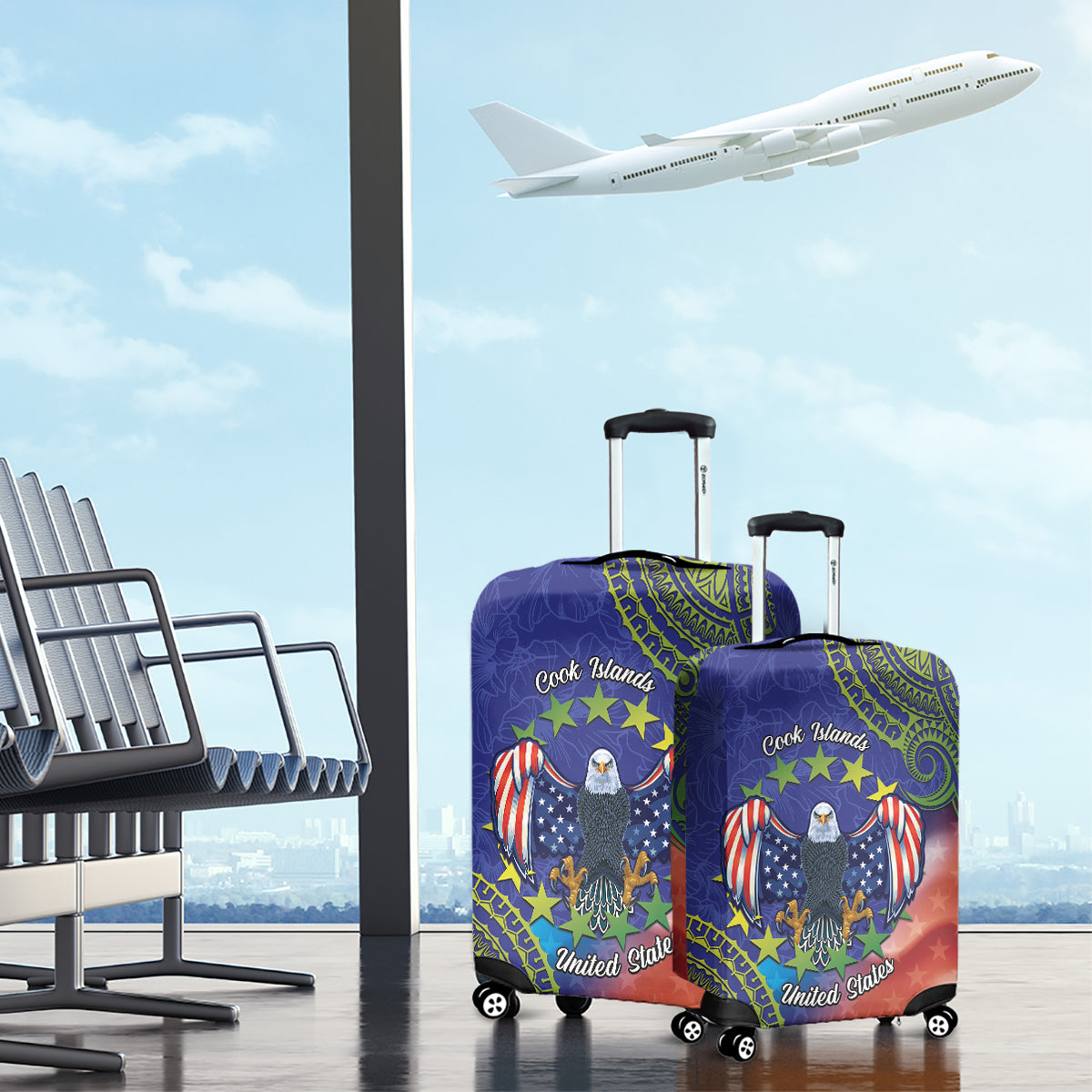 Personalised United States And Cook Islands Luggage Cover USA Eagle Mix Polynesian Pattern LT14 - Polynesian Pride