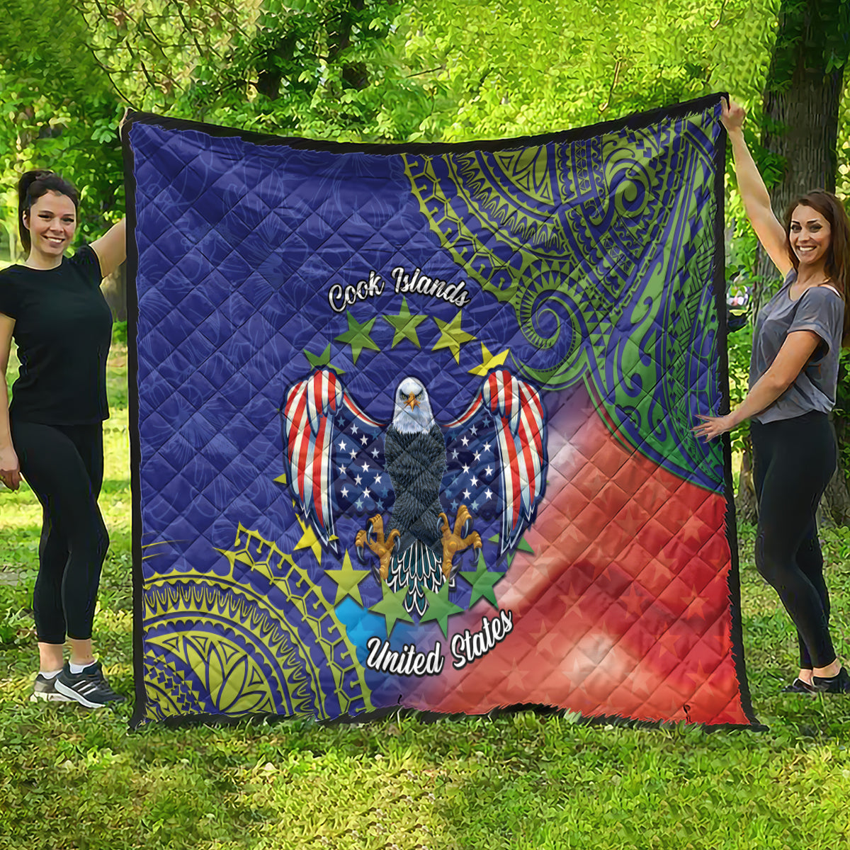 Personalised United States And Cook Islands Quilt USA Eagle Mix Polynesian Pattern LT14 - Polynesian Pride
