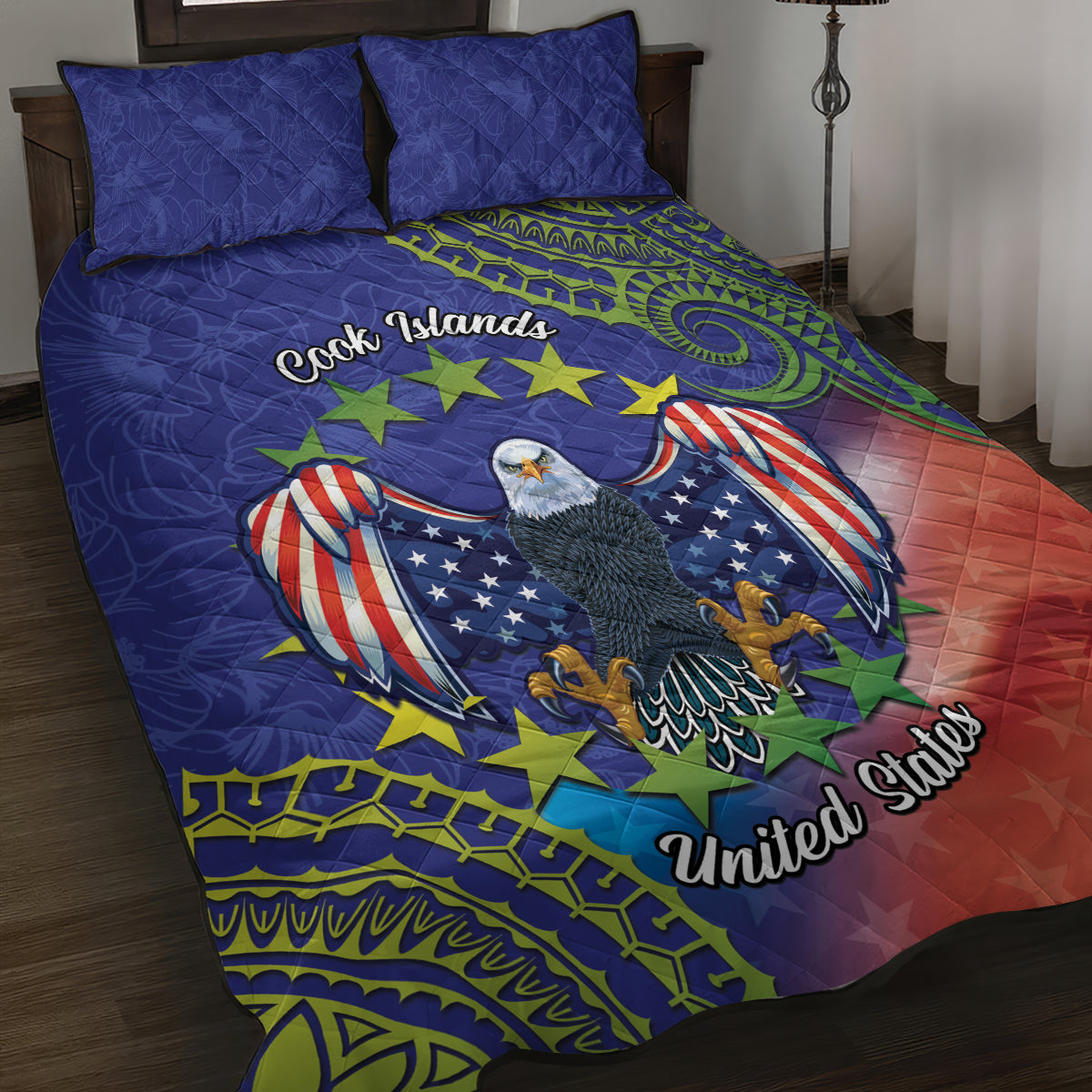 Personalised United States And Cook Islands Quilt Bed Set USA Eagle Mix Polynesian Pattern LT14 Blue - Polynesian Pride