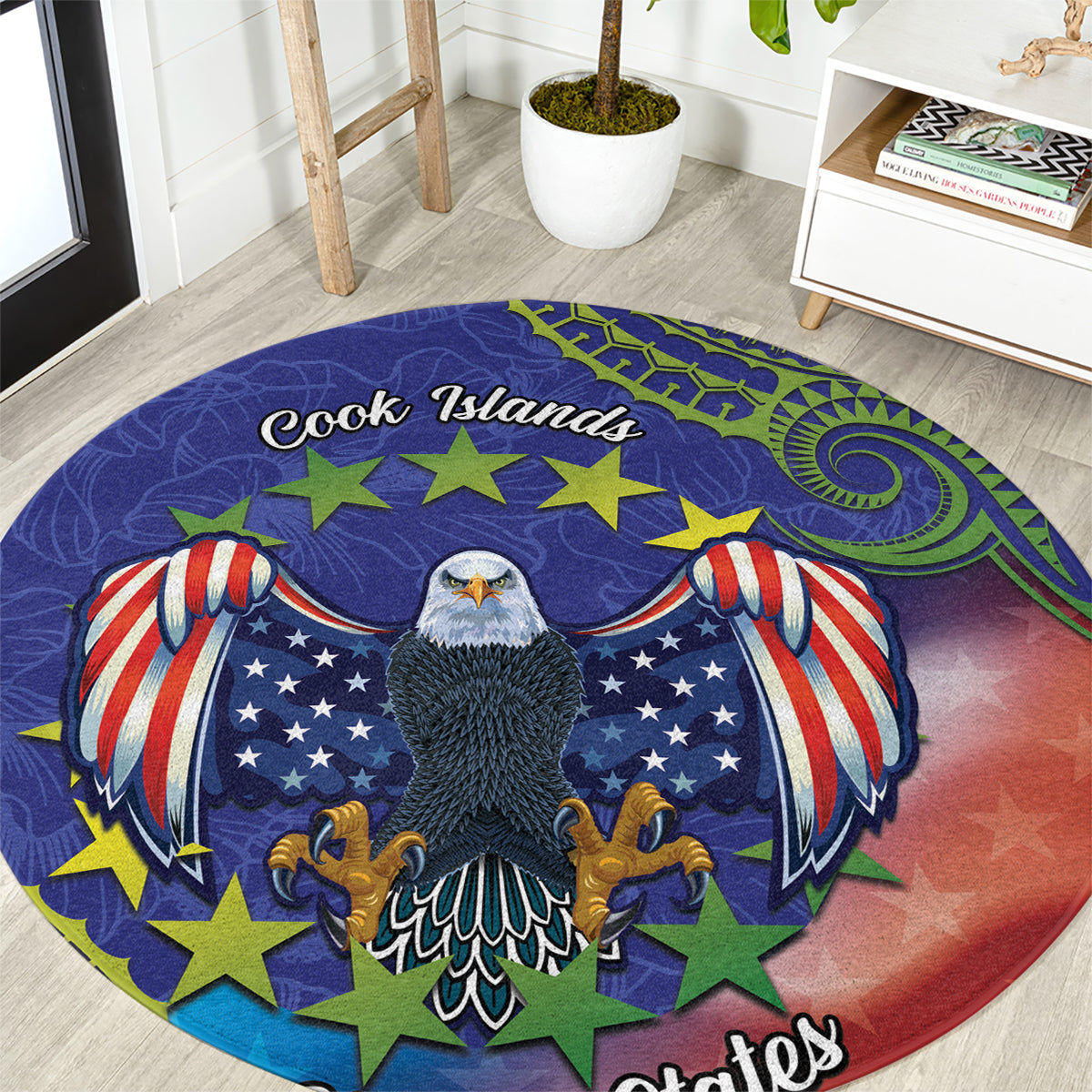 Personalised United States And Cook Islands Round Carpet USA Eagle Mix Polynesian Pattern LT14 Blue - Polynesian Pride