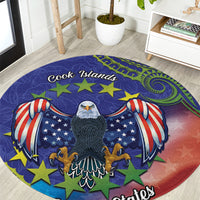 Personalised United States And Cook Islands Round Carpet USA Eagle Mix Polynesian Pattern LT14 Blue - Polynesian Pride