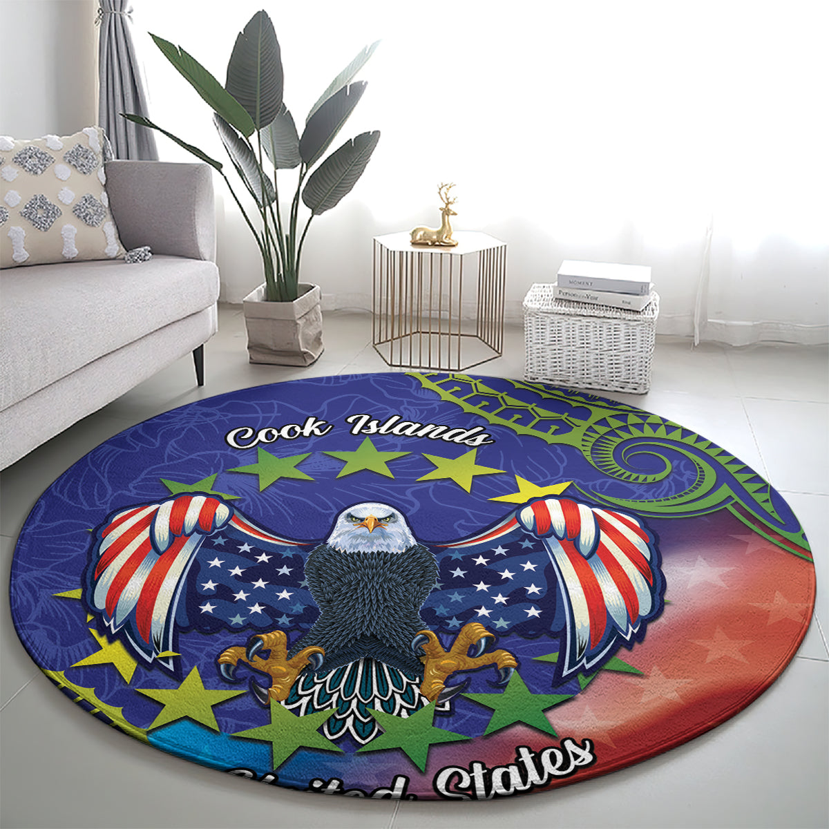 Personalised United States And Cook Islands Round Carpet USA Eagle Mix Polynesian Pattern LT14 - Polynesian Pride