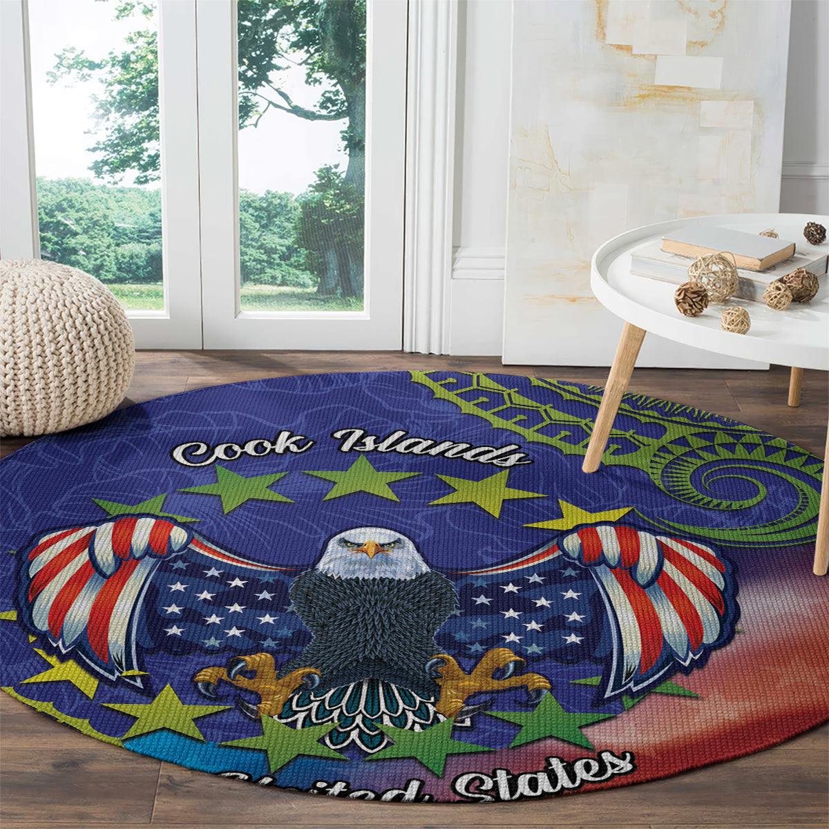 Personalised United States And Cook Islands Round Carpet USA Eagle Mix Polynesian Pattern LT14 - Polynesian Pride