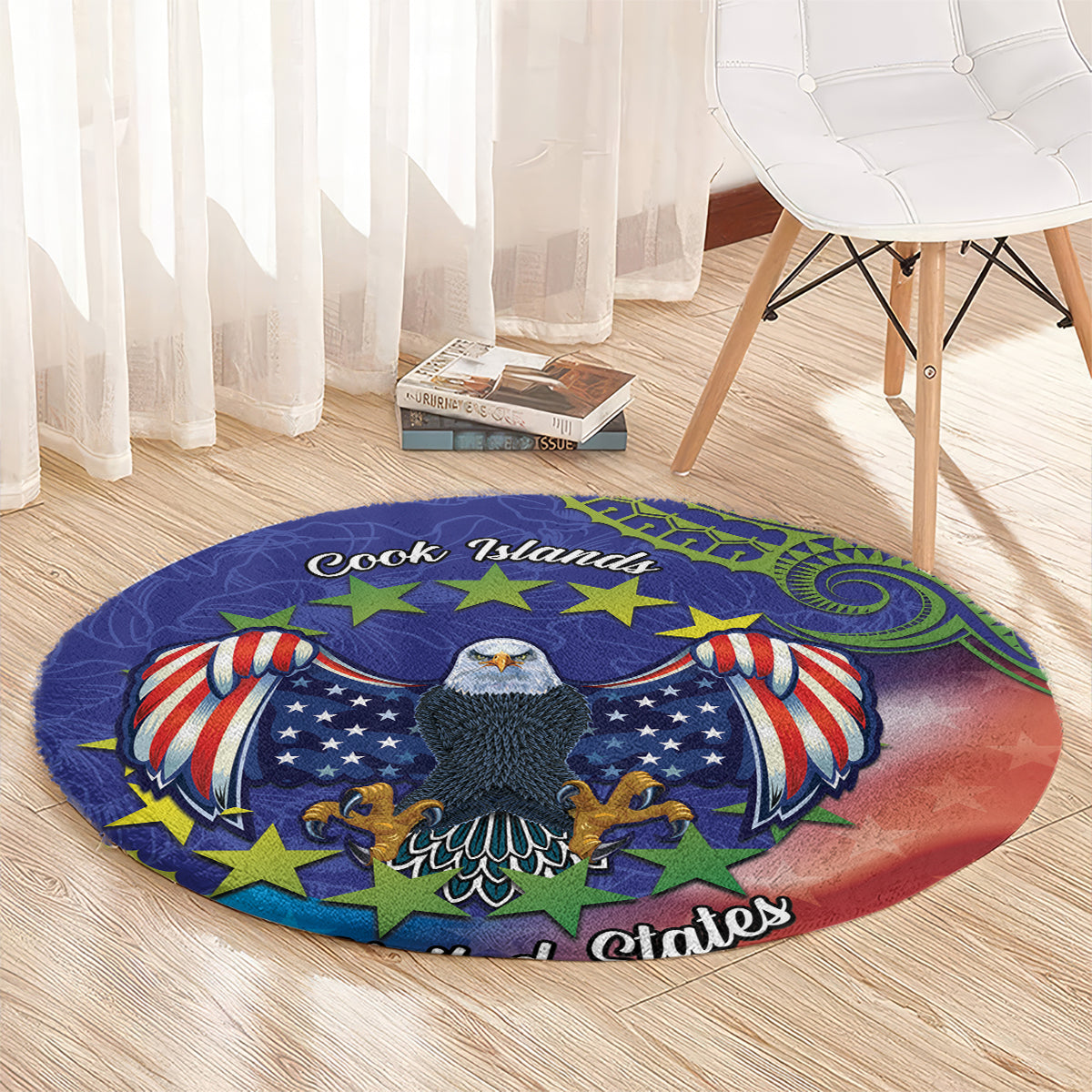 Personalised United States And Cook Islands Round Carpet USA Eagle Mix Polynesian Pattern LT14 - Polynesian Pride