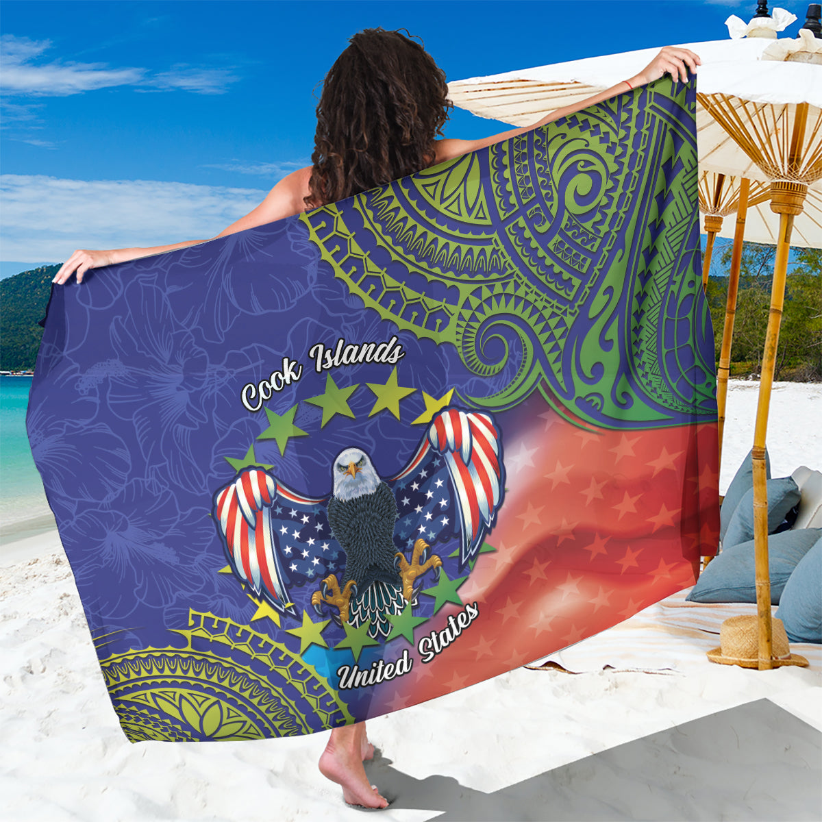 Personalised United States And Cook Islands Sarong USA Eagle Mix Polynesian Pattern LT14 One Size 44 x 66 inches Blue - Polynesian Pride