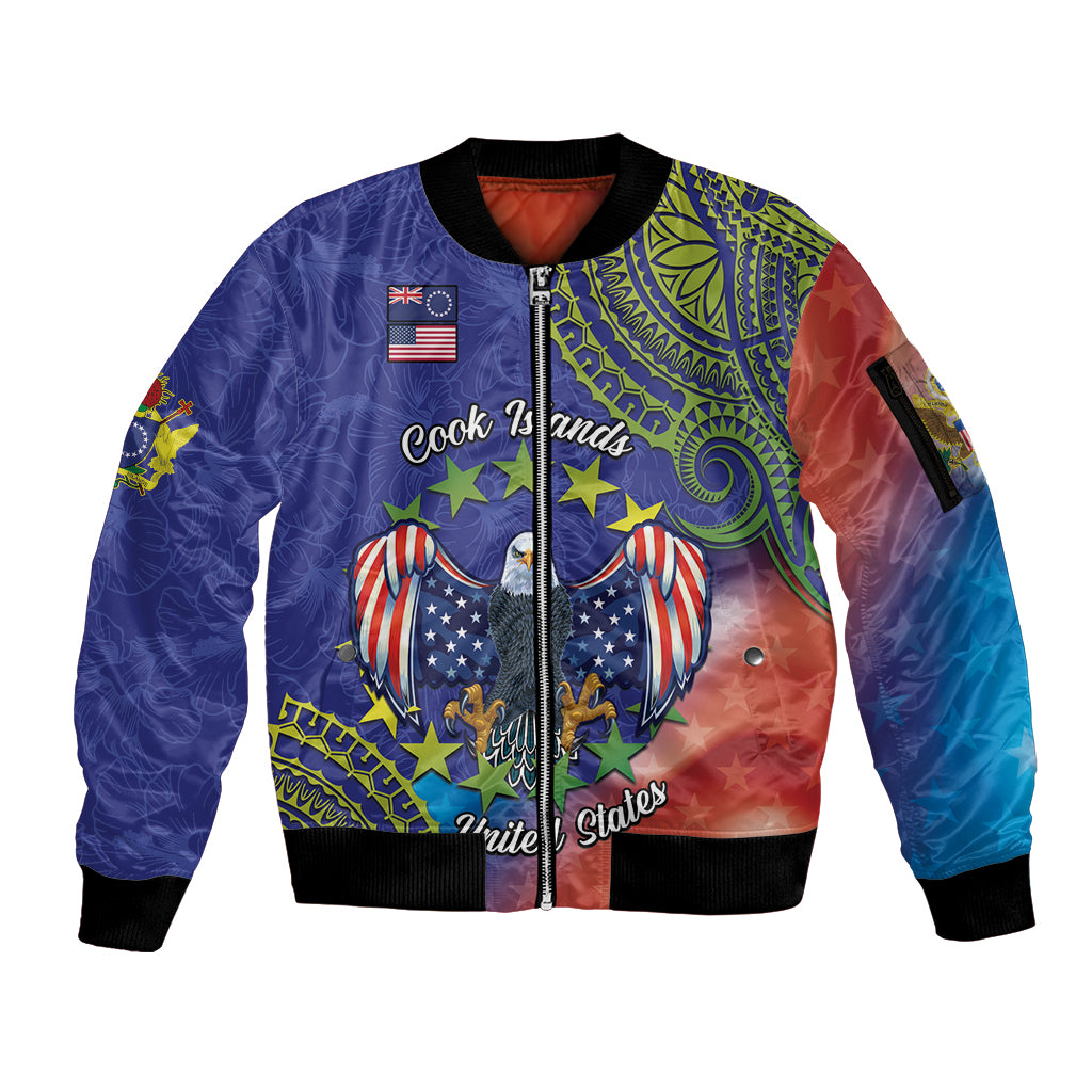 Personalised United States And Cook Islands Sleeve Zip Bomber Jacket USA Eagle Mix Polynesian Pattern LT14 Unisex Blue - Polynesian Pride