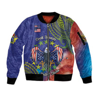 Personalised United States And Cook Islands Sleeve Zip Bomber Jacket USA Eagle Mix Polynesian Pattern LT14 Unisex Blue - Polynesian Pride