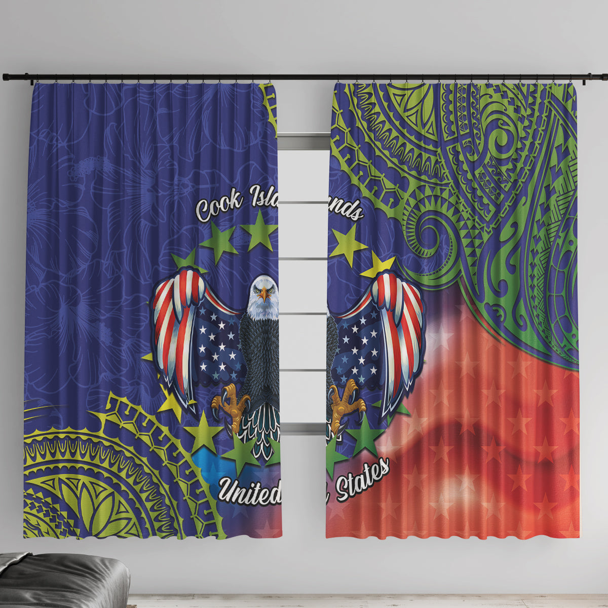 Personalised United States And Cook Islands Window Curtain USA Eagle Mix Polynesian Pattern LT14 With Hooks Blue - Polynesian Pride