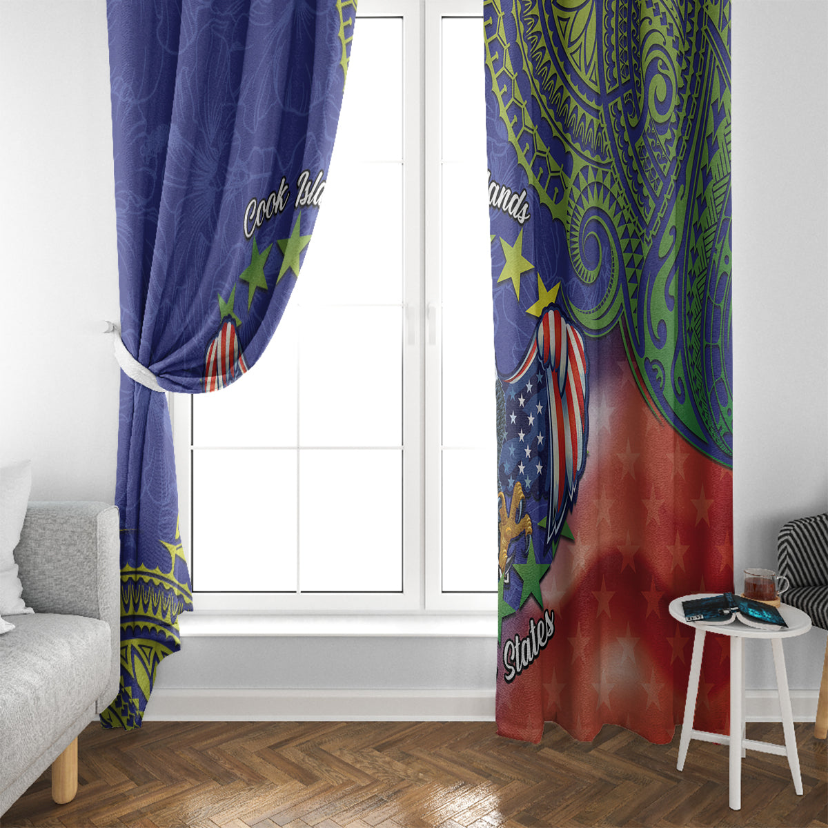 Personalised United States And Cook Islands Window Curtain USA Eagle Mix Polynesian Pattern LT14 - Polynesian Pride