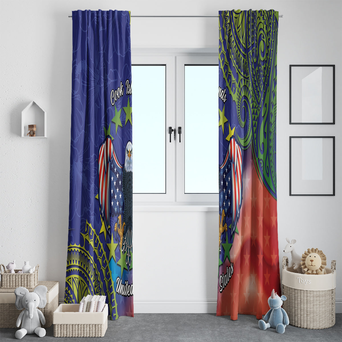 Personalised United States And Cook Islands Window Curtain USA Eagle Mix Polynesian Pattern LT14 - Polynesian Pride