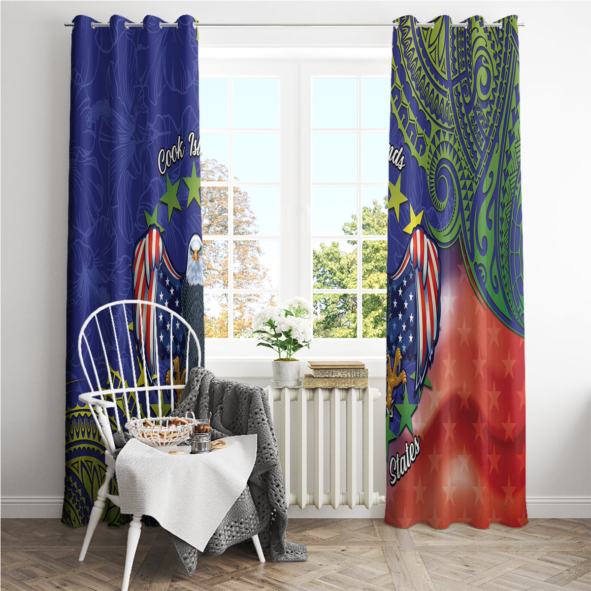 Personalised United States And Cook Islands Window Curtain USA Eagle Mix Polynesian Pattern LT14 - Polynesian Pride
