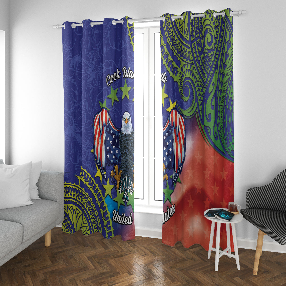 Personalised United States And Cook Islands Window Curtain USA Eagle Mix Polynesian Pattern LT14 With Grommets Blue - Polynesian Pride