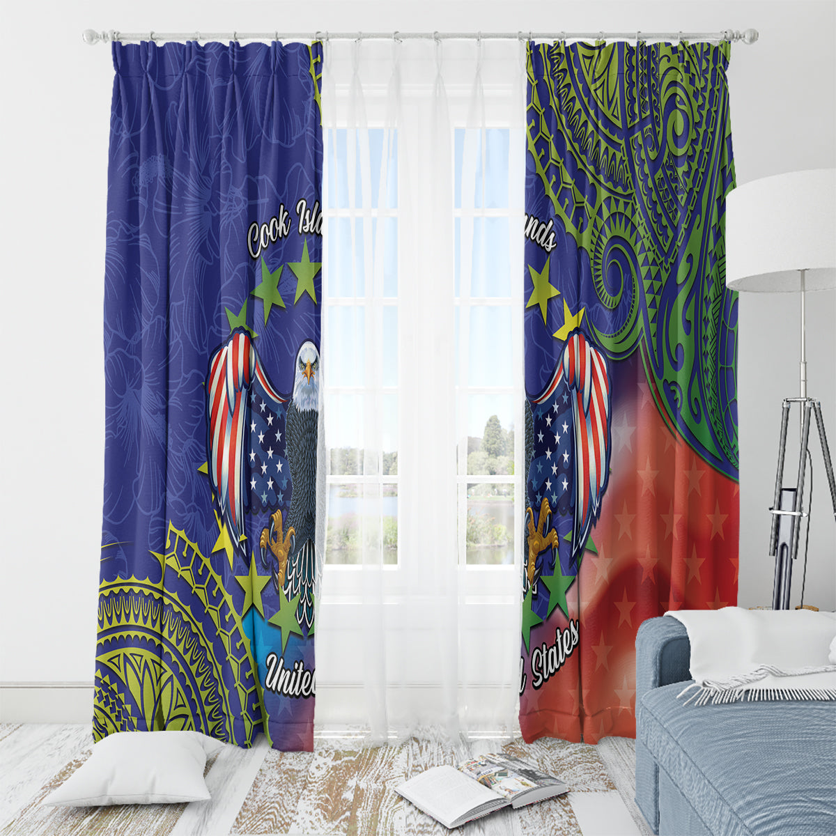 Personalised United States And Cook Islands Window Curtain USA Eagle Mix Polynesian Pattern LT14 - Polynesian Pride
