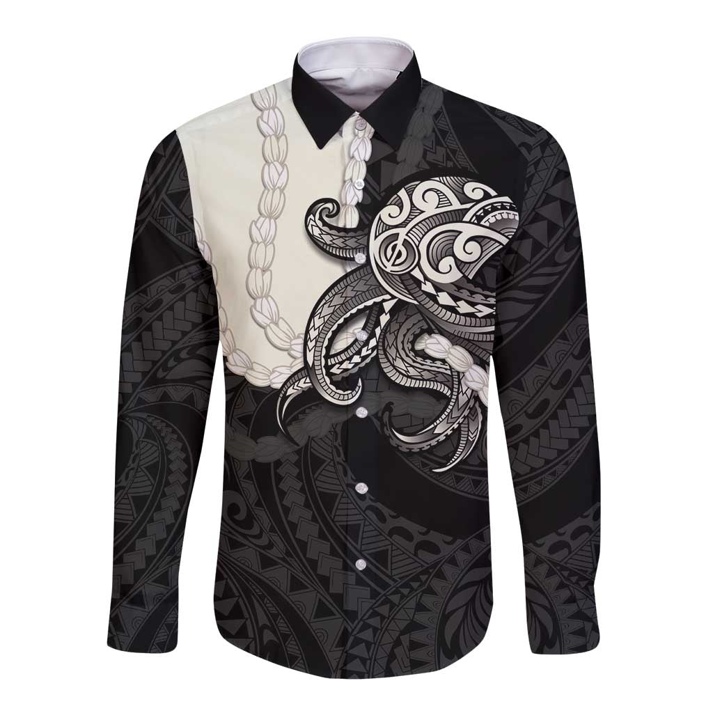 Black Polynesia Tribal Octopus Tattoo Long Sleeve Button Shirt Pikake Lei Polynesian Pattern LT14 Unisex Black - Polynesian Pride