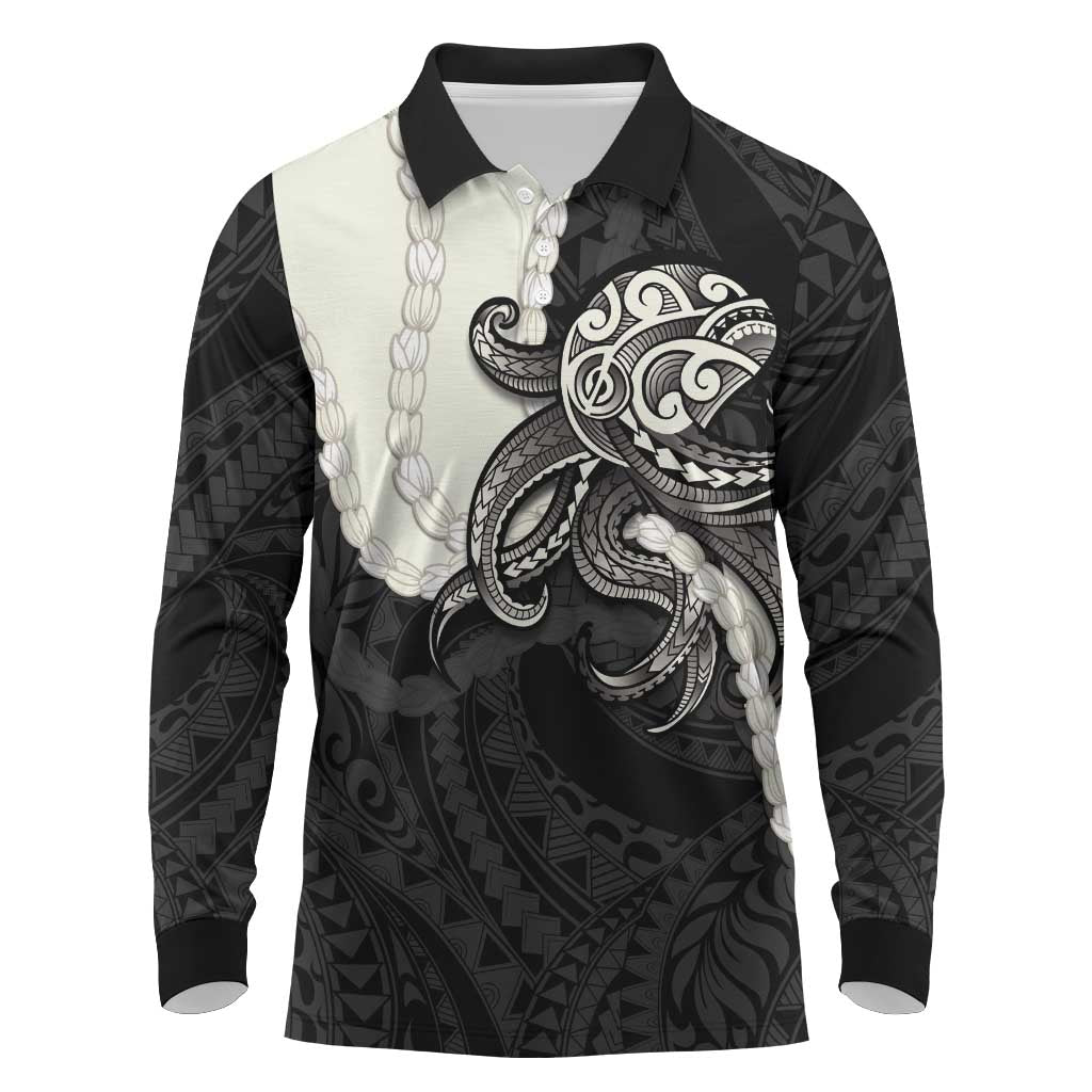 Black Polynesia Tribal Octopus Tattoo Long Sleeve Polo Shirt Pikake Lei Polynesian Pattern LT14 Black - Polynesian Pride