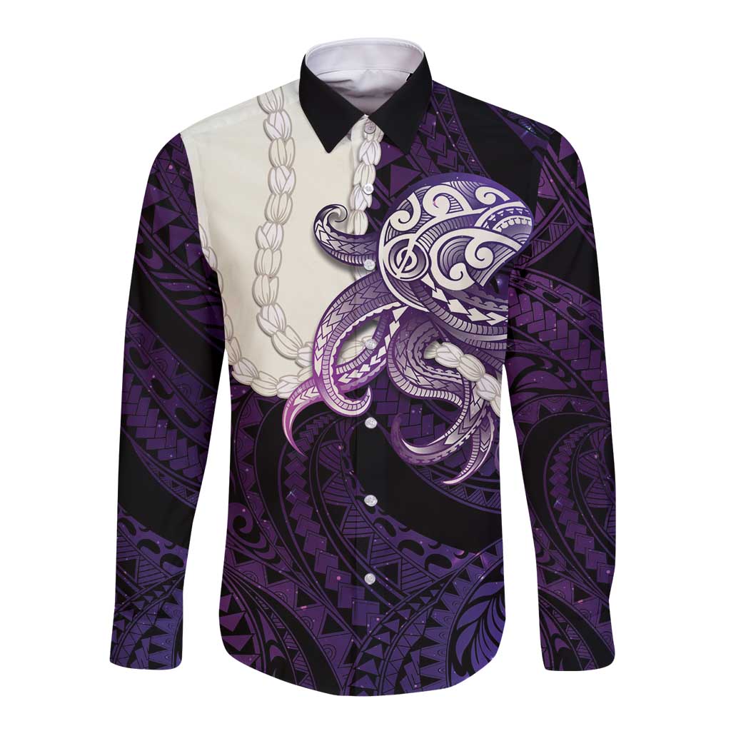 Purple Galaxy Polynesia Tribal Octopus Tattoo Long Sleeve Button Shirt Pikake Lei Polynesian Pattern LT14 Unisex Purple - Polynesian Pride