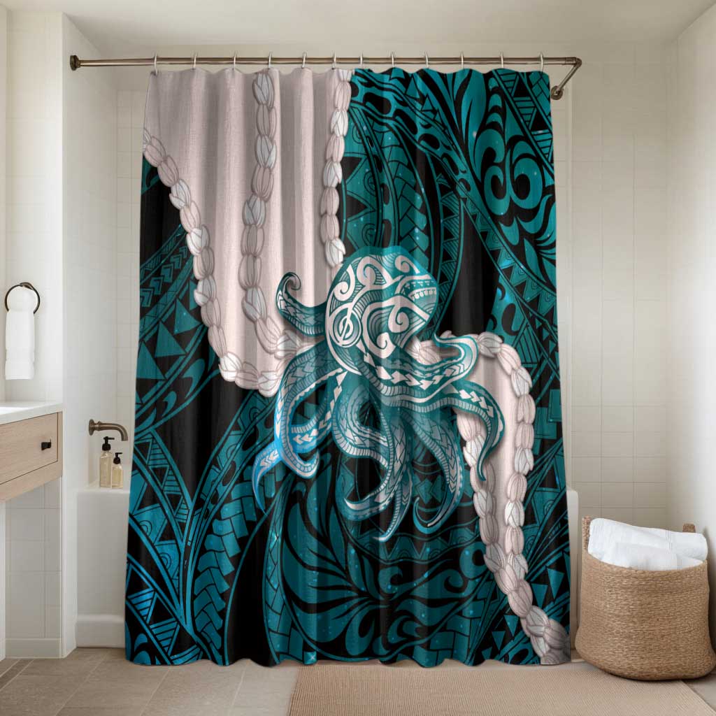 Teal Galaxy Polynesia Tribal Octopus Tattoo Bathroom Set Pikake Lei Polynesian Pattern LT14 Shower Curtain Only Teal - Polynesian Pride