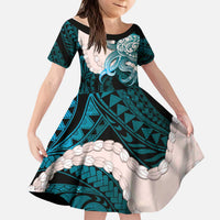 Teal Galaxy Polynesia Tribal Octopus Tattoo Kid Short Sleeve Dress Pikake Lei Polynesian Pattern LT14 KID Teal - Polynesian Pride