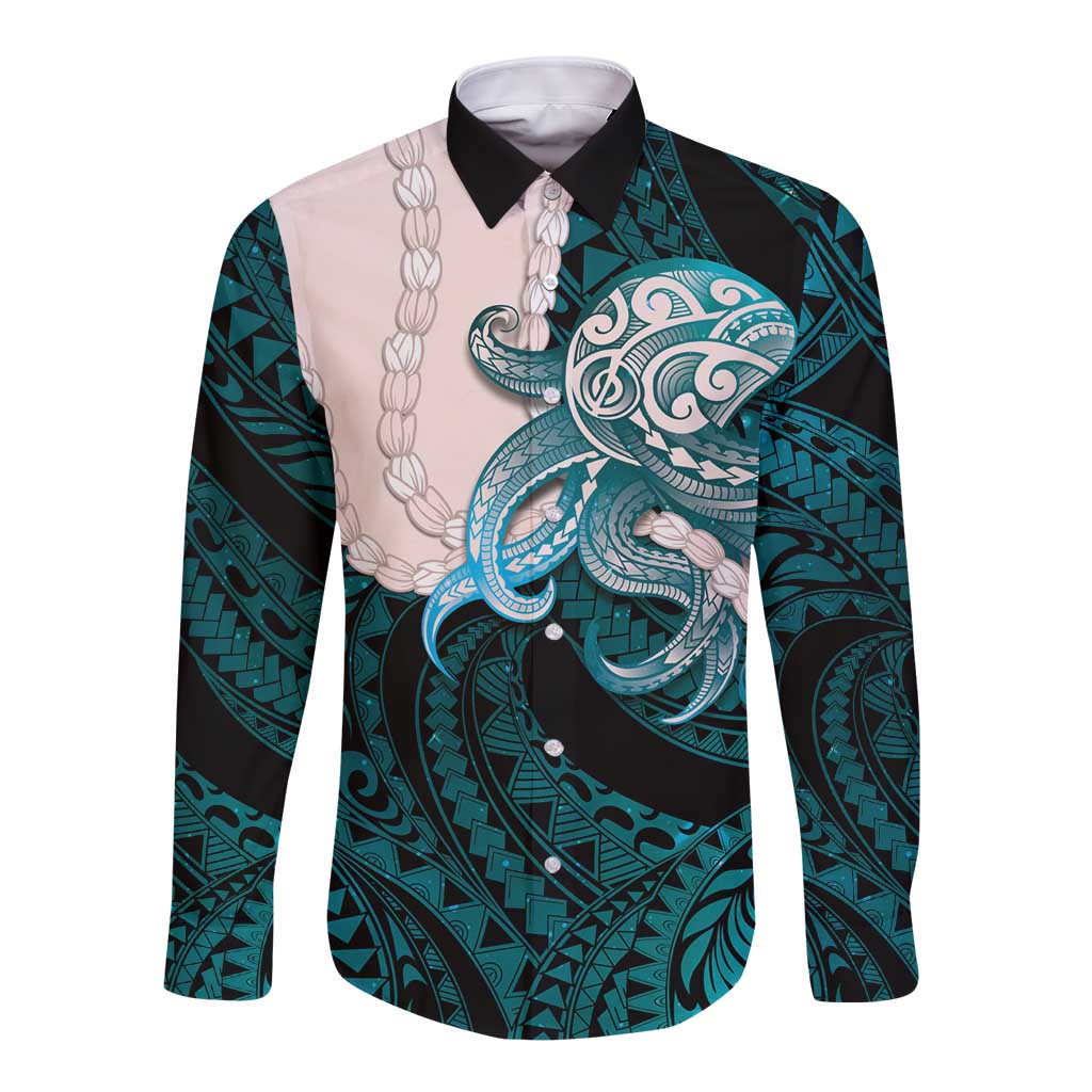 Teal Galaxy Polynesia Tribal Octopus Tattoo Long Sleeve Button Shirt Pikake Lei Polynesian Pattern LT14 Unisex Teal - Polynesian Pride