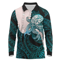 Teal Galaxy Polynesia Tribal Octopus Tattoo Long Sleeve Polo Shirt Pikake Lei Polynesian Pattern LT14 Teal - Polynesian Pride