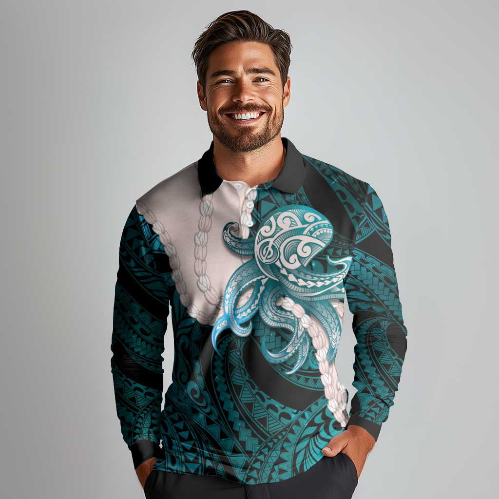 Teal Galaxy Polynesia Tribal Octopus Tattoo Long Sleeve Polo Shirt Pikake Lei Polynesian Pattern LT14 - Polynesian Pride