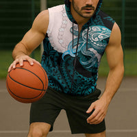 Teal Galaxy Polynesia Tribal Octopus Tattoo Sleeveless Zip Hoodie Pikake Lei Polynesian Pattern LT14 - Polynesian Pride