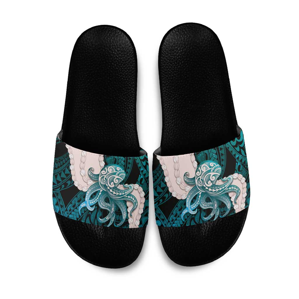 Teal Galaxy Polynesia Tribal Octopus Tattoo Slide Sandals Pikake Lei Polynesian Pattern LT14 Teal - Polynesian Pride