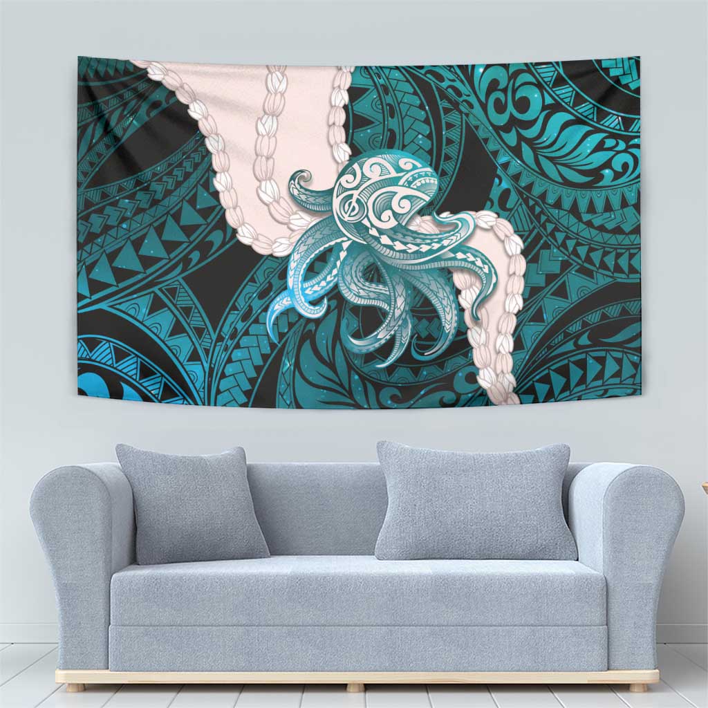 Teal Galaxy Polynesia Tribal Octopus Tattoo Tapestry Pikake Lei Polynesian Pattern LT14 - Polynesian Pride