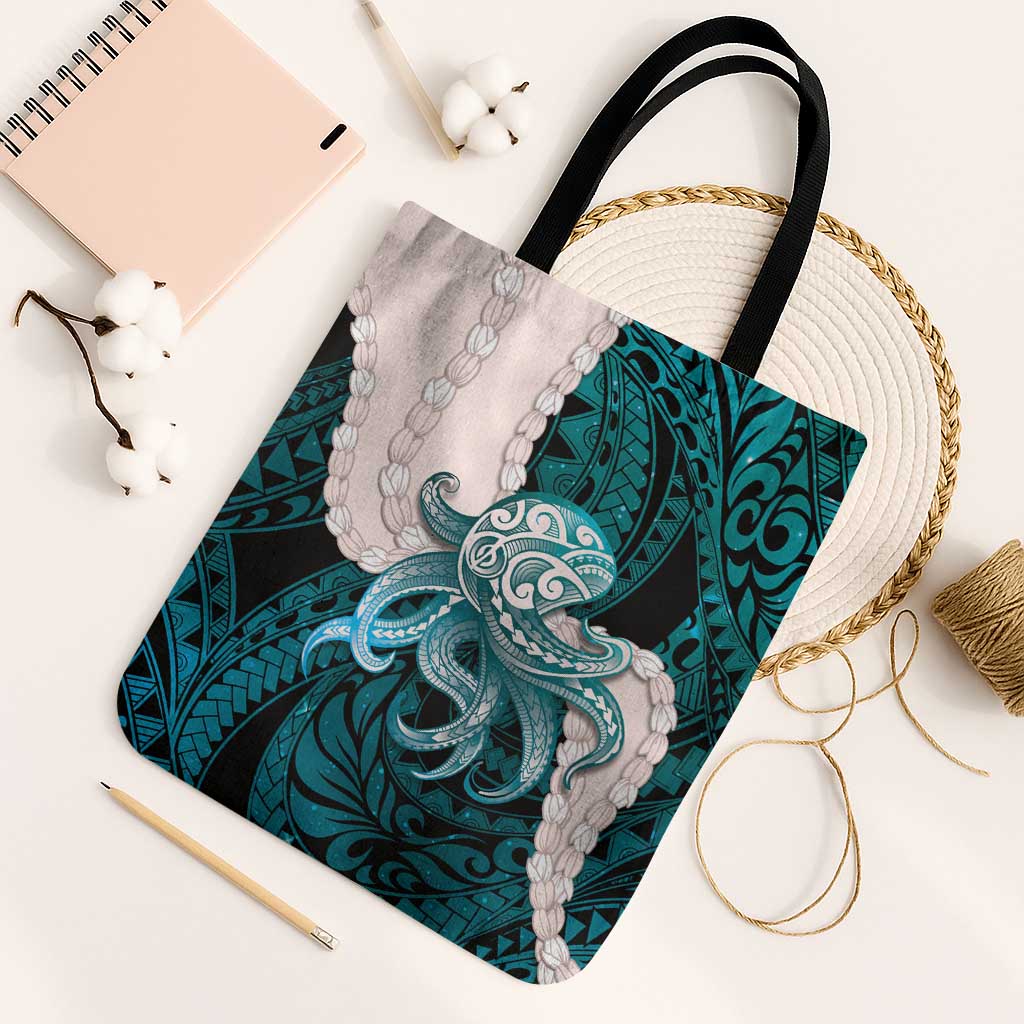 Teal Galaxy Polynesia Tribal Octopus Tattoo Tote Bag Pikake Lei Polynesian Pattern LT14 Black Strap One Size Teal - Polynesian Pride