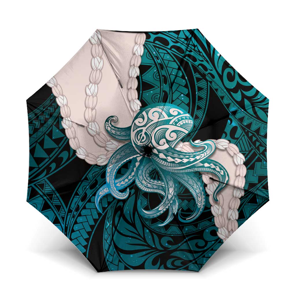 Teal Galaxy Polynesia Tribal Octopus Tattoo Umbrella Pikake Lei Polynesian Pattern LT14 One Size Folded 11.42 inch Opened Diameter 37.4 inch Teal - Polynesian Pride