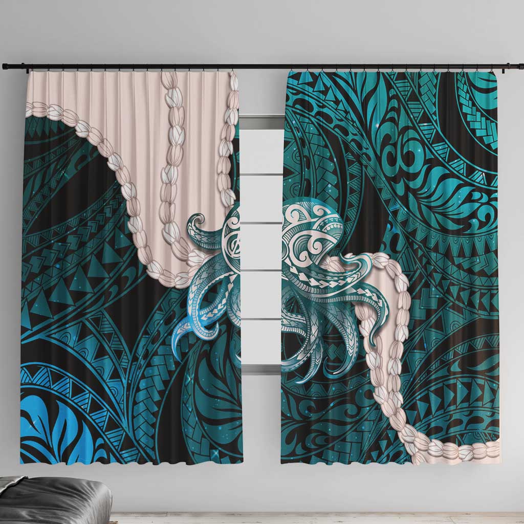 Teal Galaxy Polynesia Tribal Octopus Tattoo Window Curtain Pikake Lei Polynesian Pattern LT14 With Hooks Teal - Polynesian Pride