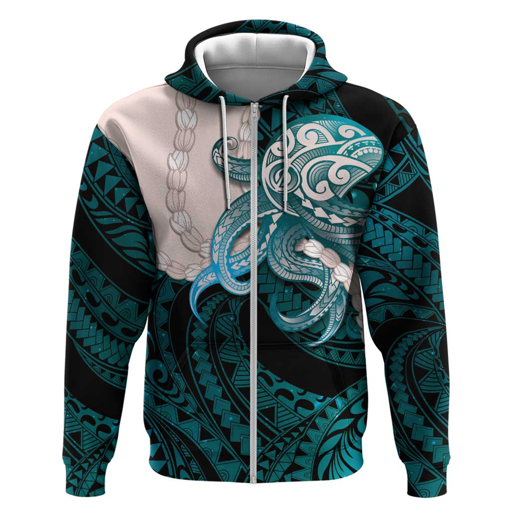 Teal Galaxy Polynesia Tribal Octopus Tattoo Zip Hoodie Pikake Lei Polynesian Pattern LT14 Zip Hoodie Teal - Polynesian Pride
