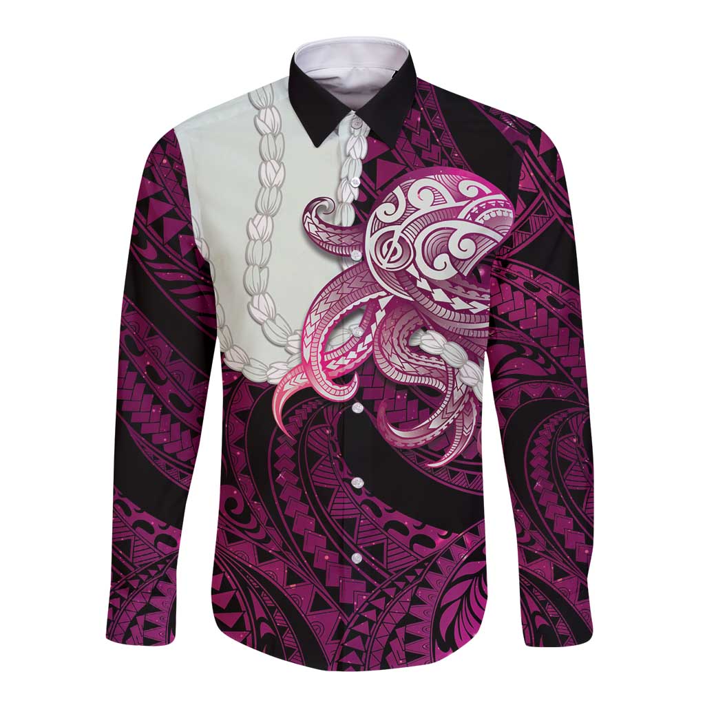 Pink Galaxy Polynesia Tribal Octopus Tattoo Long Sleeve Button Shirt Pikake Lei Polynesian Pattern LT14 Unisex Pink - Polynesian Pride