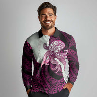 Pink Galaxy Polynesia Tribal Octopus Tattoo Long Sleeve Polo Shirt Pikake Lei Polynesian Pattern LT14 - Polynesian Pride