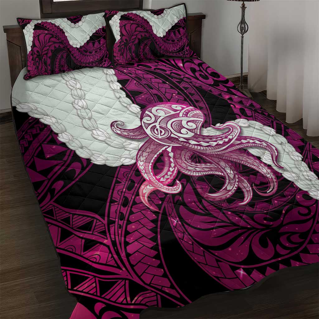 Pink Galaxy Polynesia Tribal Octopus Tattoo Quilt Bed Set Pikake Lei Polynesian Pattern LT14 Pink - Polynesian Pride
