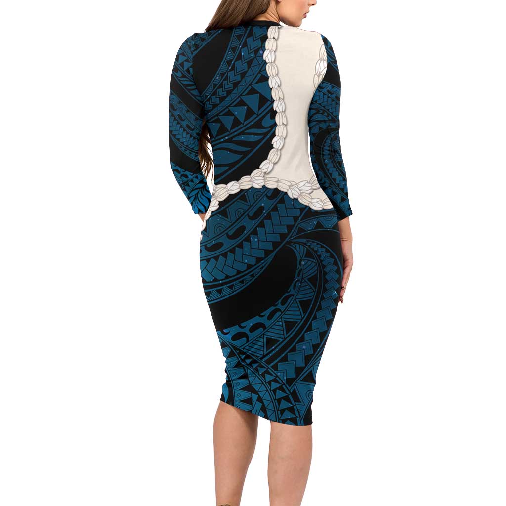 Blue Galaxy Polynesia Tribal Octopus Tattoo Long Sleeve Bodycon Dress Pikake Lei Polynesian Pattern LT14 - Polynesian Pride