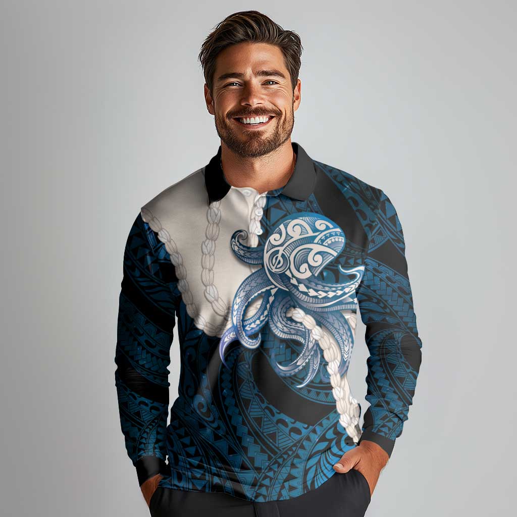 Blue Galaxy Polynesia Tribal Octopus Tattoo Long Sleeve Polo Shirt Pikake Lei Polynesian Pattern LT14 - Polynesian Pride