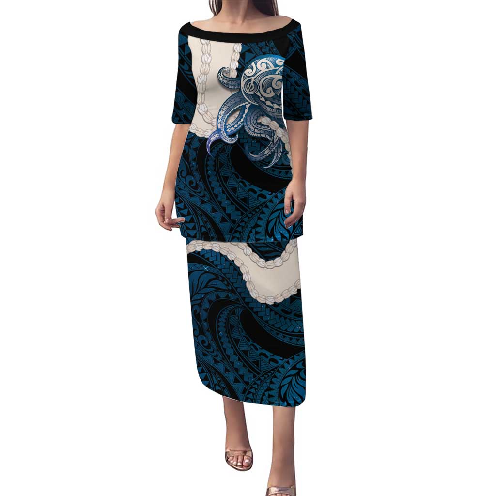 Blue Galaxy Polynesia Tribal Octopus Tattoo Puletasi Pikake Lei Polynesian Pattern LT14 Long Dress Blue - Polynesian Pride