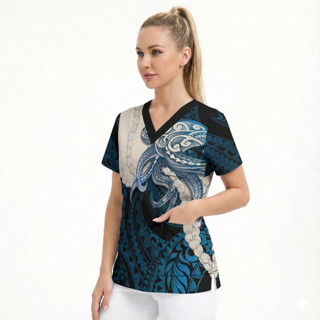 Blue Galaxy Polynesia Tribal Octopus Tattoo Scrub Top Pikake Lei Polynesian Pattern LT14 - Polynesian Pride