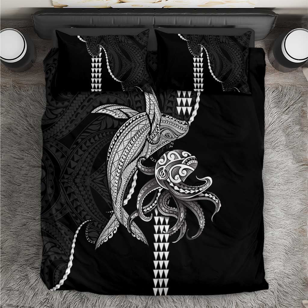 Kanaloa Aloha Hawaii Bedding Set Humpback Whale Octopus Tattoo Kakau Pattern LT14 Black - Polynesian Pride