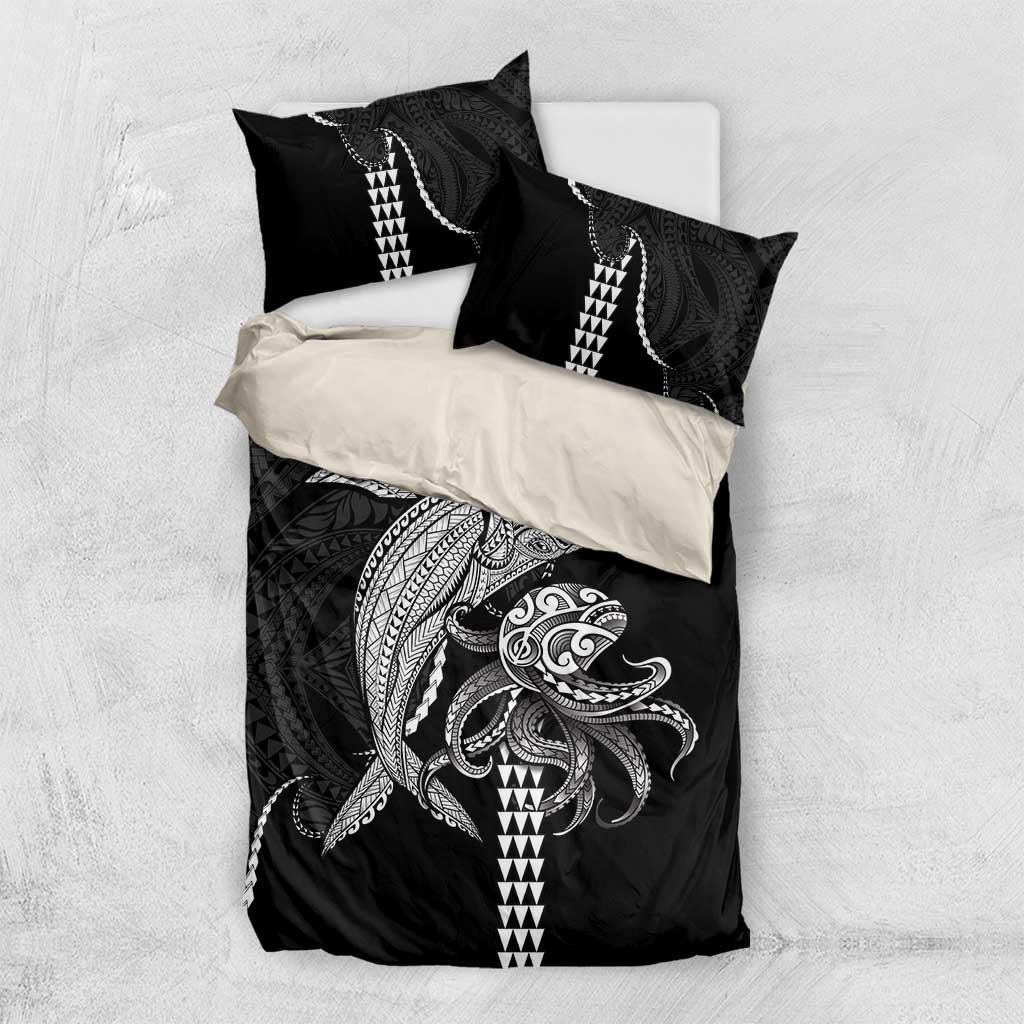 Kanaloa Aloha Hawaii Bedding Set Humpback Whale Octopus Tattoo Kakau Pattern LT14 US Twin 172cm x 218cm Black - Polynesian Pride