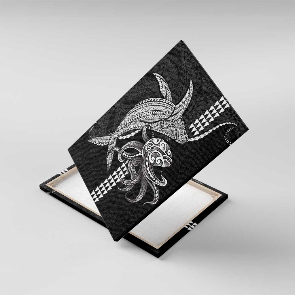 Kanaloa Aloha Hawaii Canvas Wall Art Humpback Whale Octopus Tattoo Kakau Pattern LT14 With Frame Black - Polynesian Pride