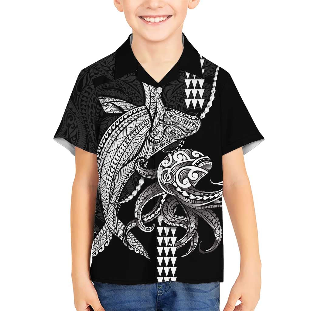Kanaloa Aloha Hawaii Kid Hawaiian Shirt Humpback Whale Octopus Tattoo Kakau Pattern LT14 Kid Black - Polynesian Pride