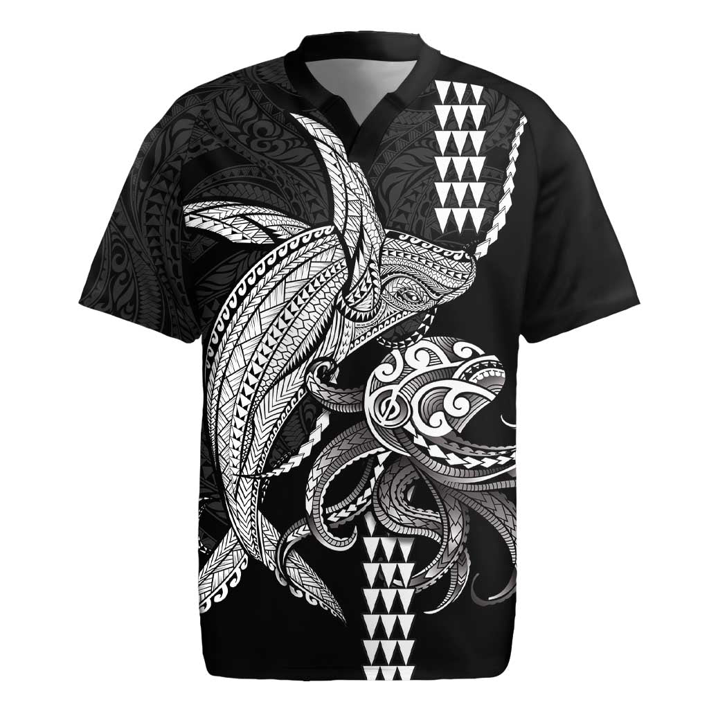 Kanaloa Aloha Hawaii Rugby Jersey Humpback Whale Octopus Tattoo Kakau Pattern LT14 Black - Polynesian Pride