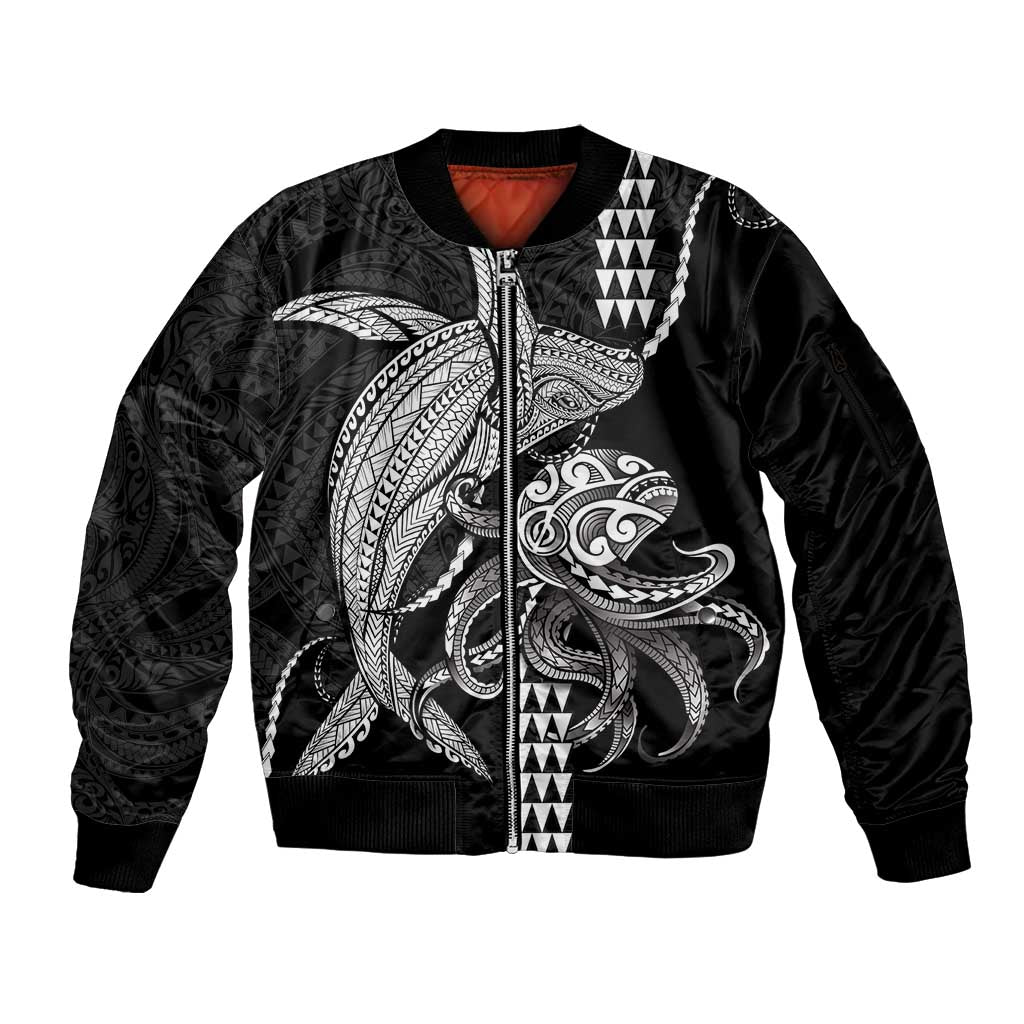 Kanaloa Aloha Hawaii Sleeve Zip Bomber Jacket Humpback Whale Octopus Tattoo Kakau Pattern LT14 Unisex Black - Polynesian Pride