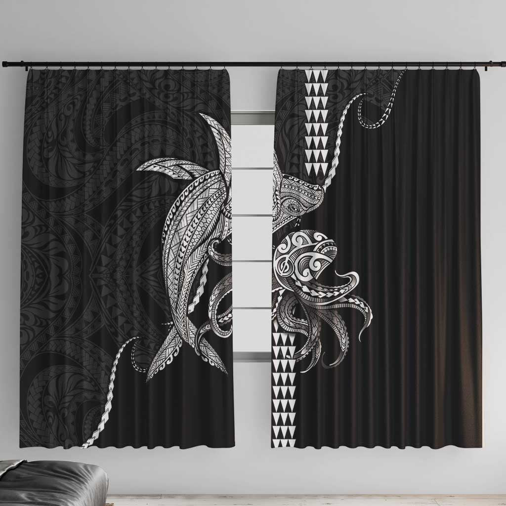 Kanaloa Aloha Hawaii Window Curtain Humpback Whale Octopus Tattoo Kakau Pattern LT14 With Hooks Black - Polynesian Pride