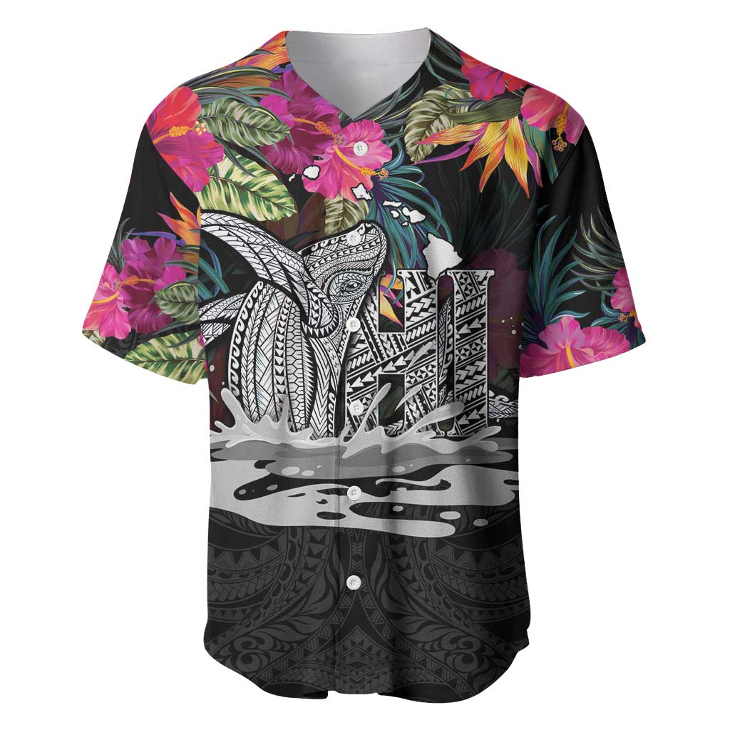 Personalised Hawaii Baseball Jersey Humpback Whale Tattoo With Tropical Flowers Black LT14 Black - Polynesian Pride